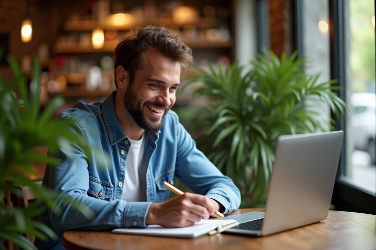 Homme travaillant dans un café en pleine inspiration