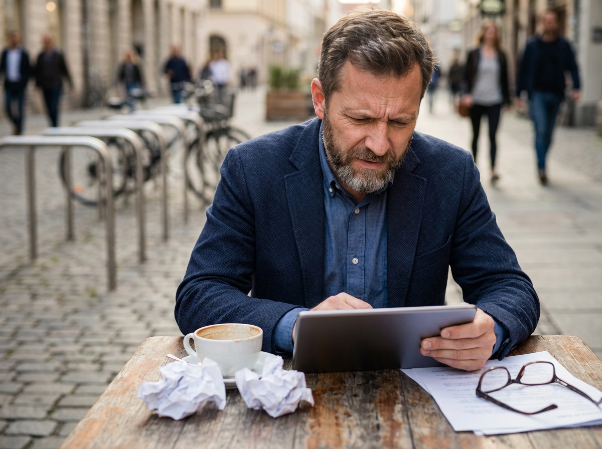 Homme au café regardant son tablet avec offre en ville