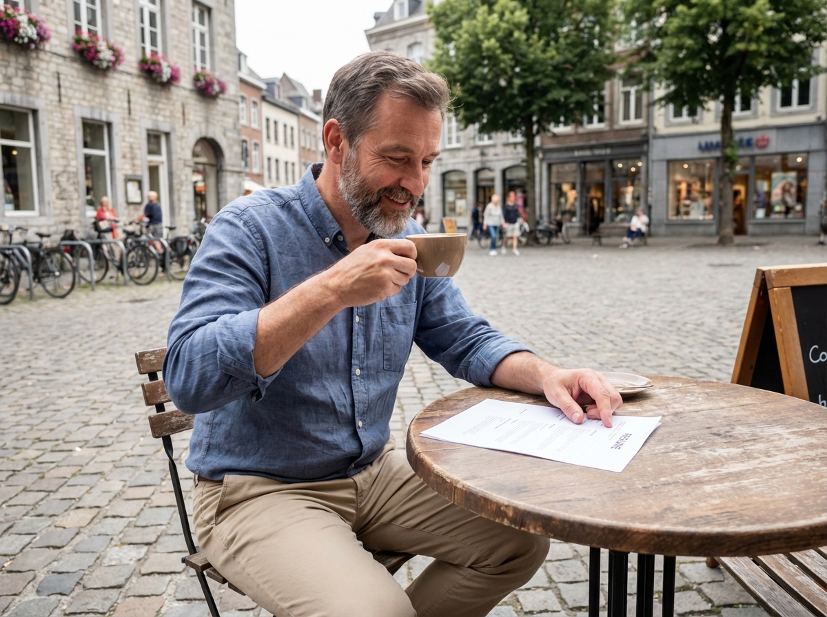 Homme sirotant un café en examinant un CV en plein air