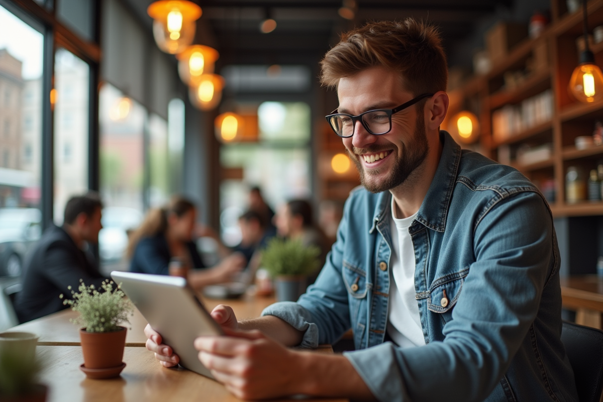 Homme souriant utilisant une tablette dans un café animé