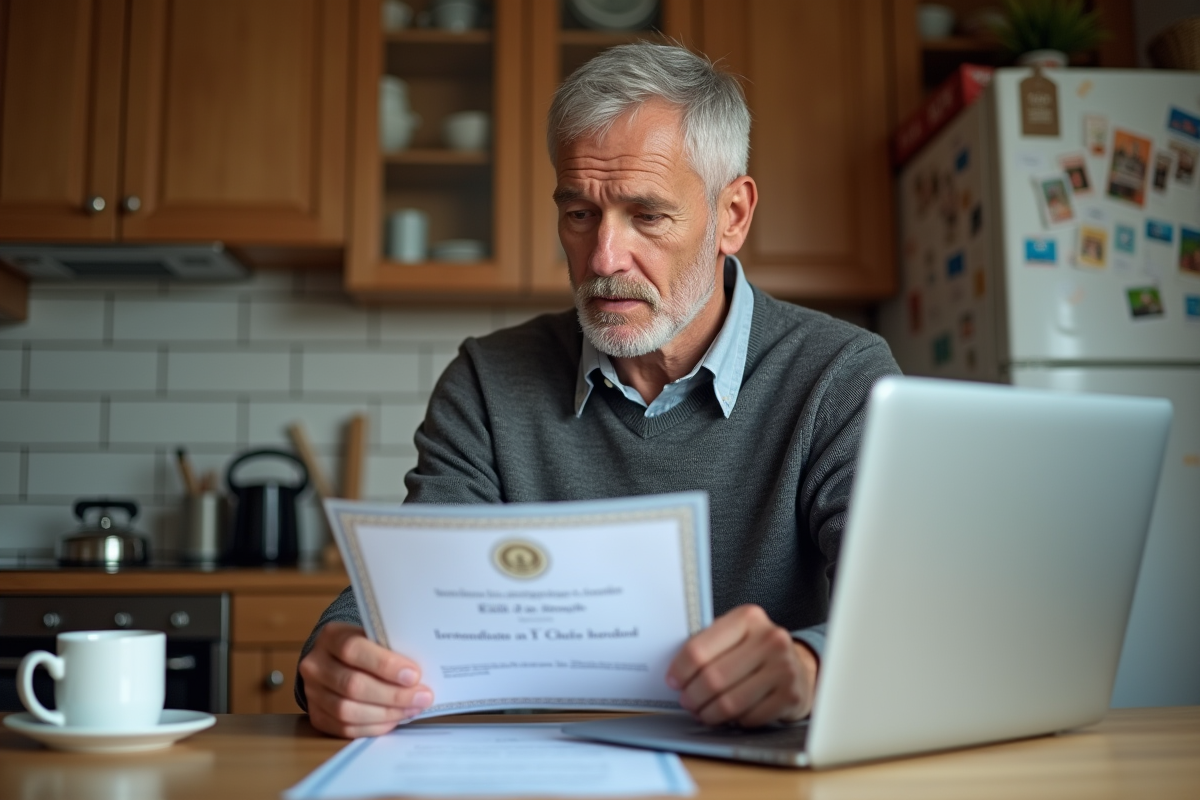 Homme mature examine certificat dans cuisine chaleureuse