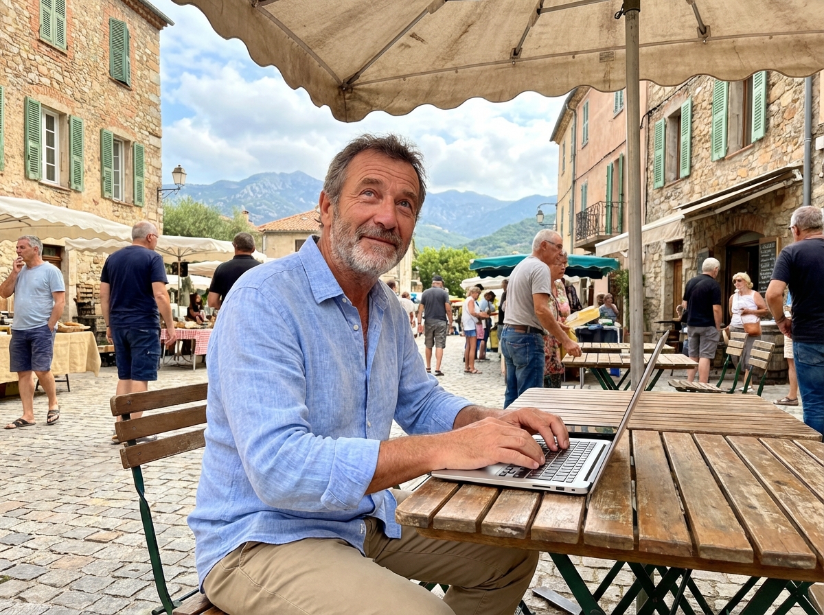 Homme corse travaillant dans un caf&eacute; en village pittoresque