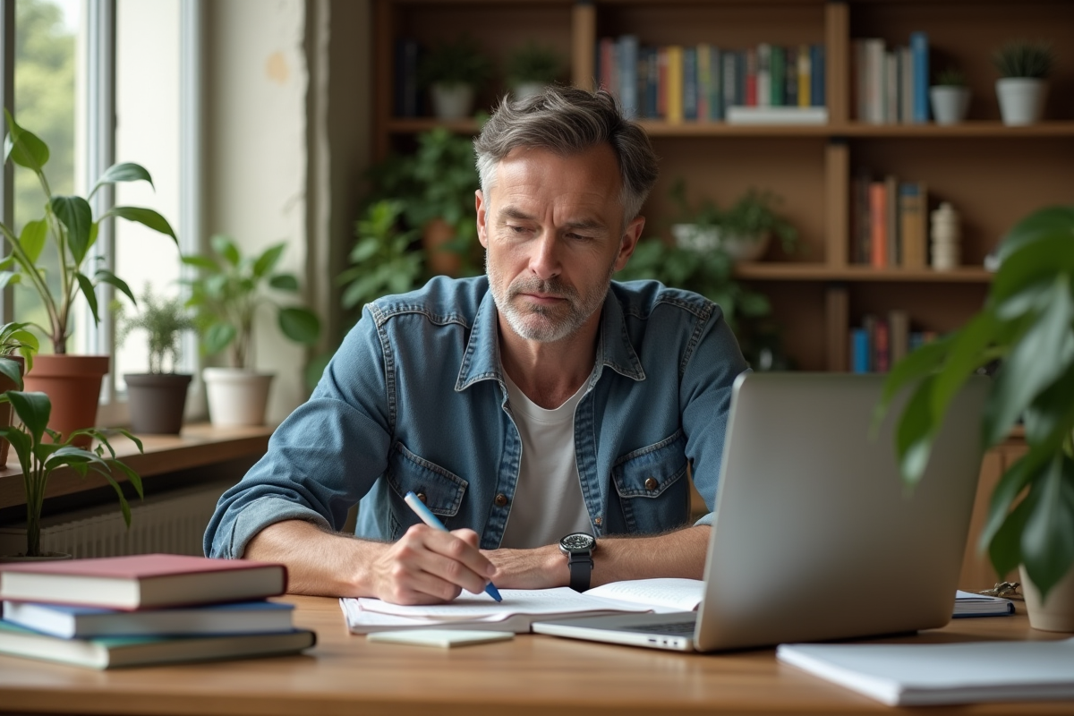 Homme étudiant à la maison avec livres et ordinateur dans une ambiance lumineuse