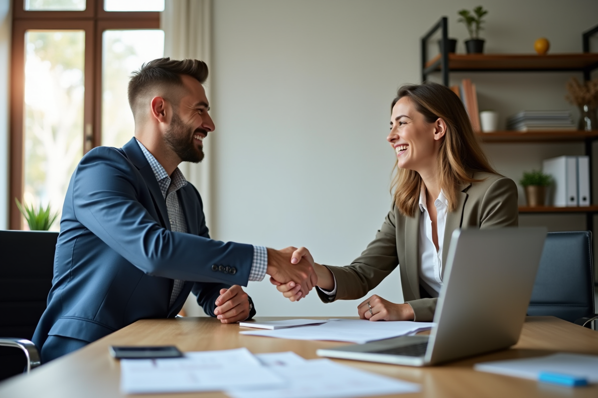 Homme et femme se serrant la main dans un bureau moderne