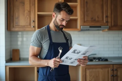 Homme en tablier de bricolage étudiant une fiche de formation avant d'effectuer des travaux de plomberie dans sa cuisine