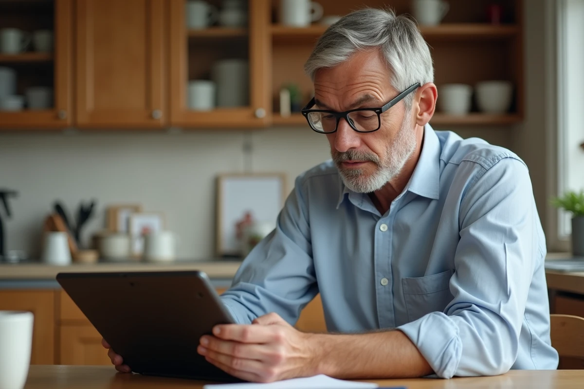 Homme fran&ccedil;ais suivant un cours en ligne dans sa cuisine