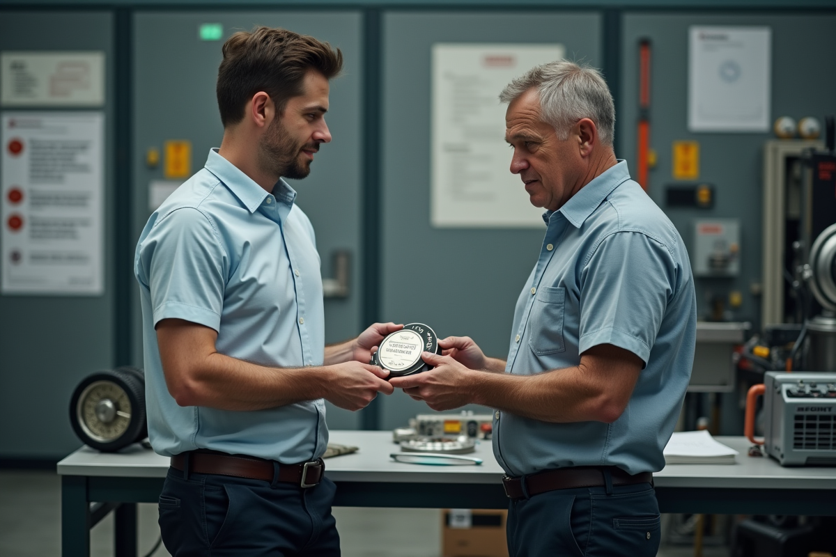 Homme expliquant un badge de qualification à un collègue dans un atelier