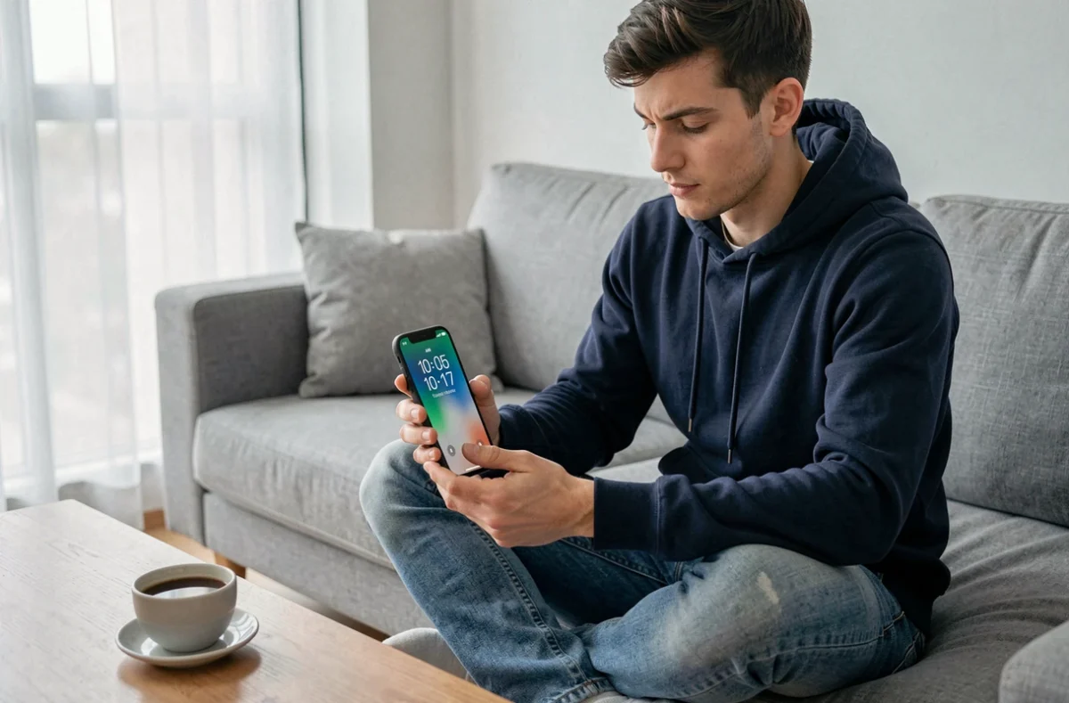 Jeune homme consultant l'heure AM sur son smartphone en anglais dans un salon moderne et minimaliste