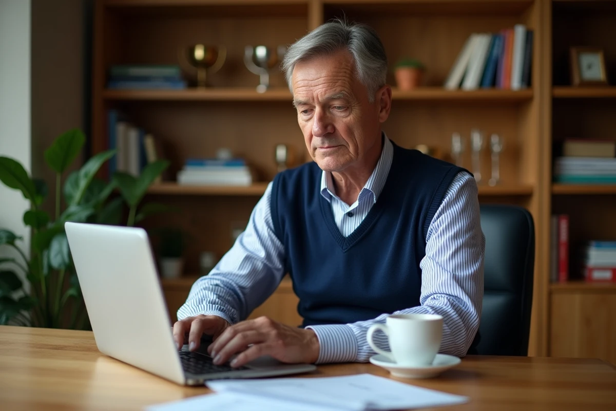 Homme inscrit à une newsletter de golf sur son ordinateur à domicile avec des fiches d'exercices