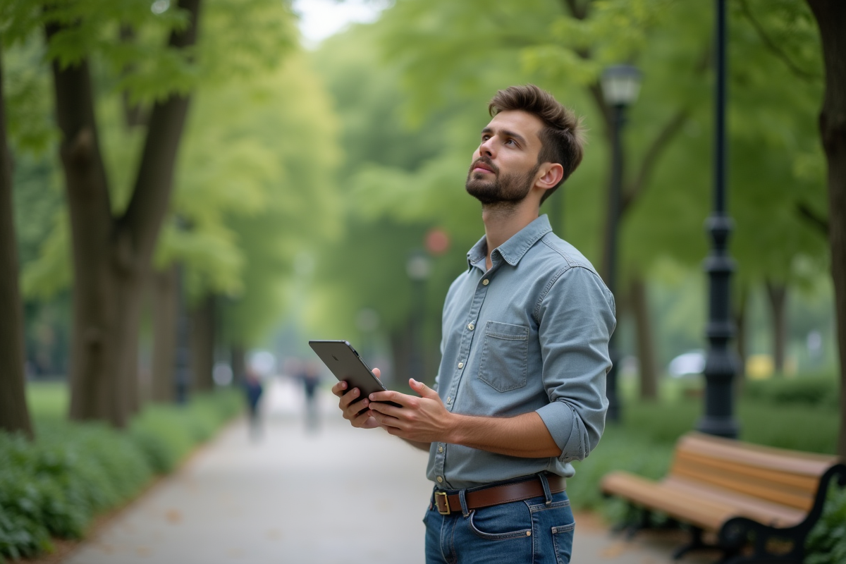 Jeune homme dans un parc avec une tablette et un regard pensif