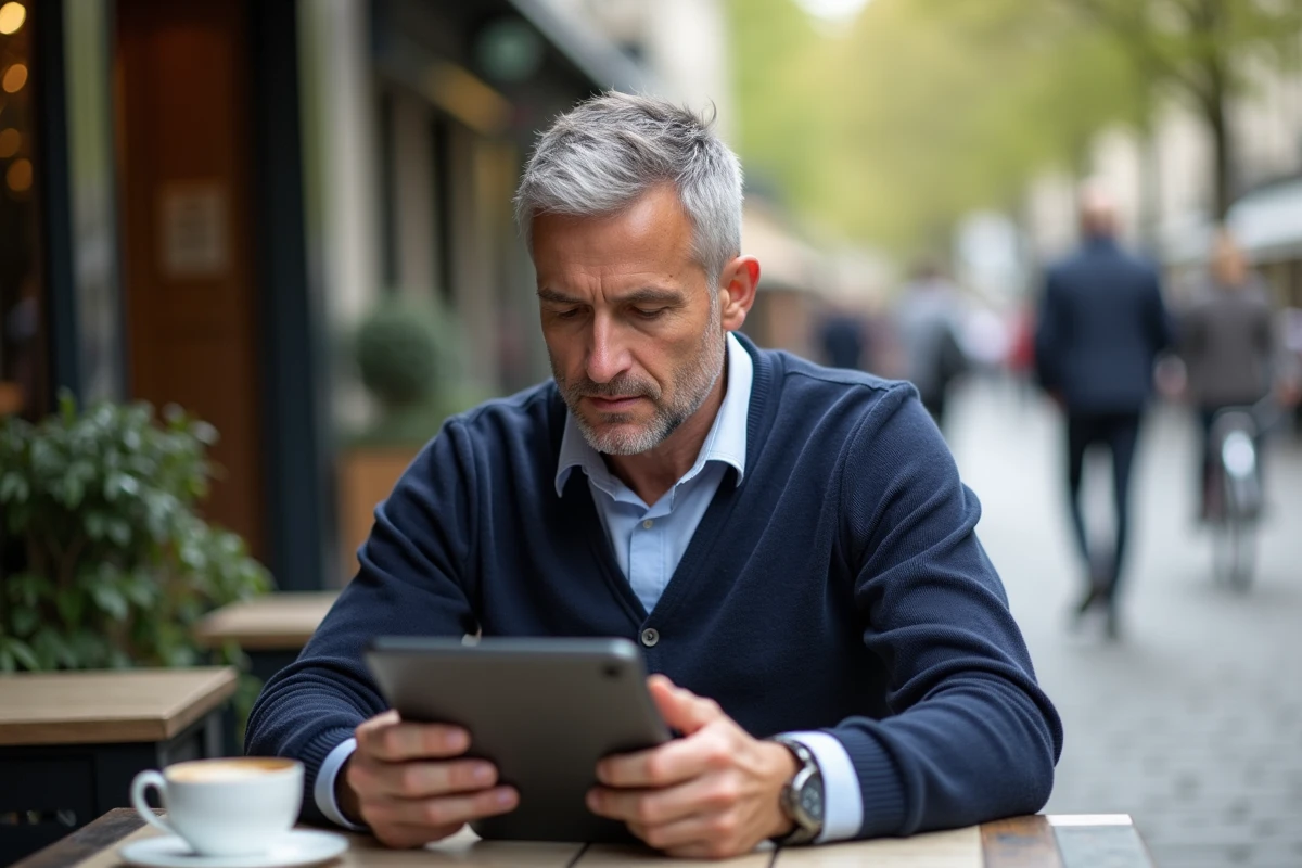 Homme pratiquant des verbes français au café en extérieur