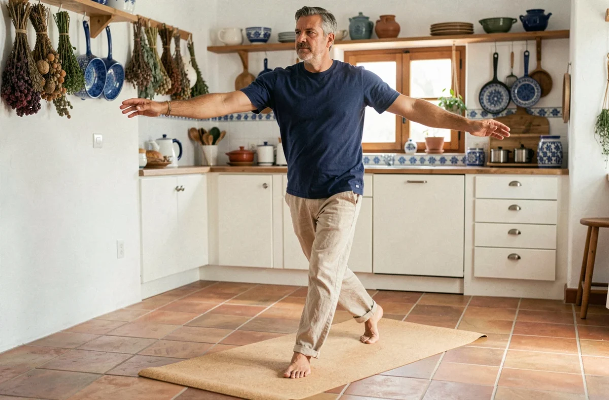 Homme pratiquant les pas de base du sirtaki pieds nus sur un tapis de yoga dans une cuisine méditerranéenne