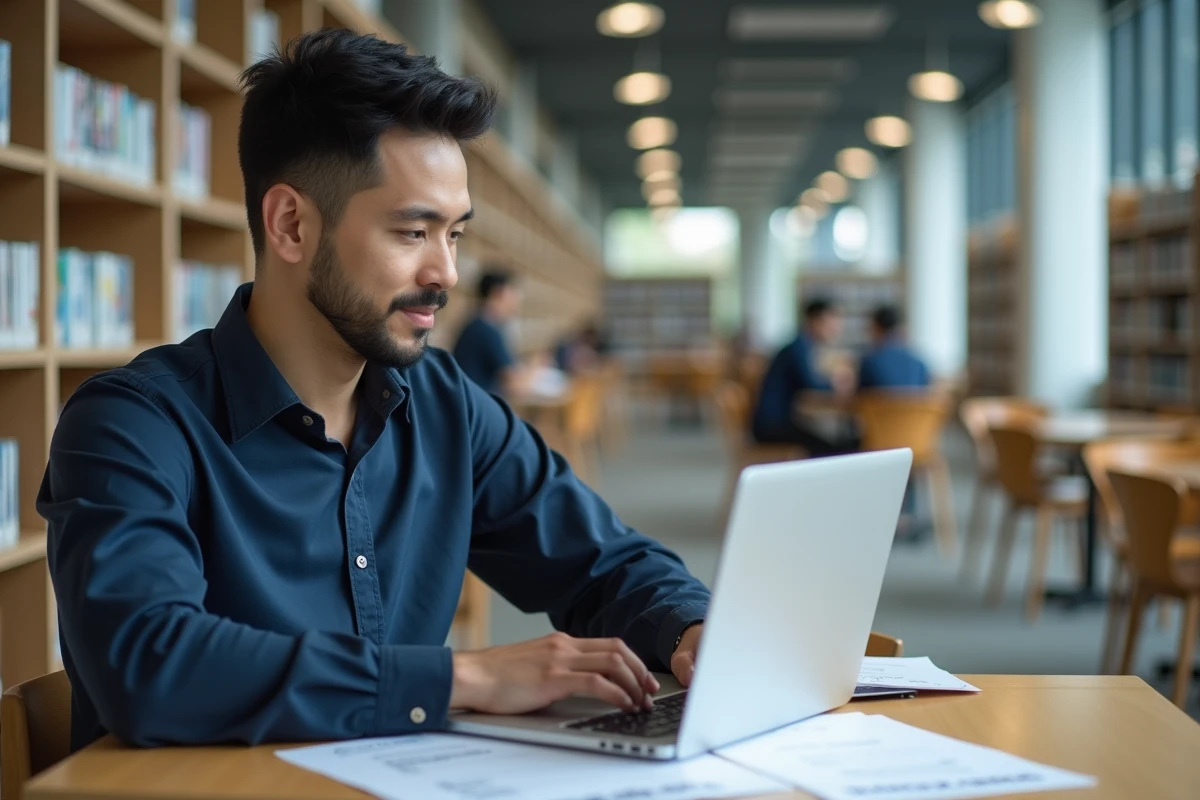 Homme préparant le TOEIC en bibliothèque avec un ordinateur portable et des fiches d'exercices imprimées avec corrections