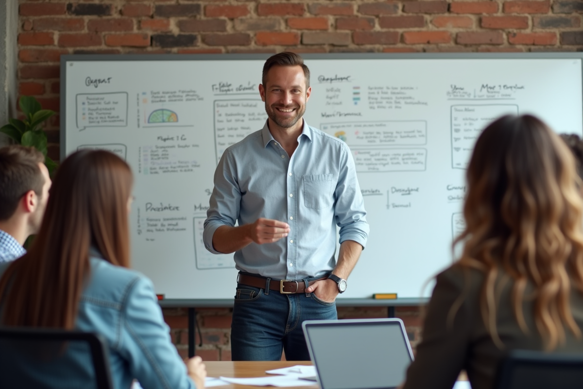 Homme expliquant un projet devant tableau blanc