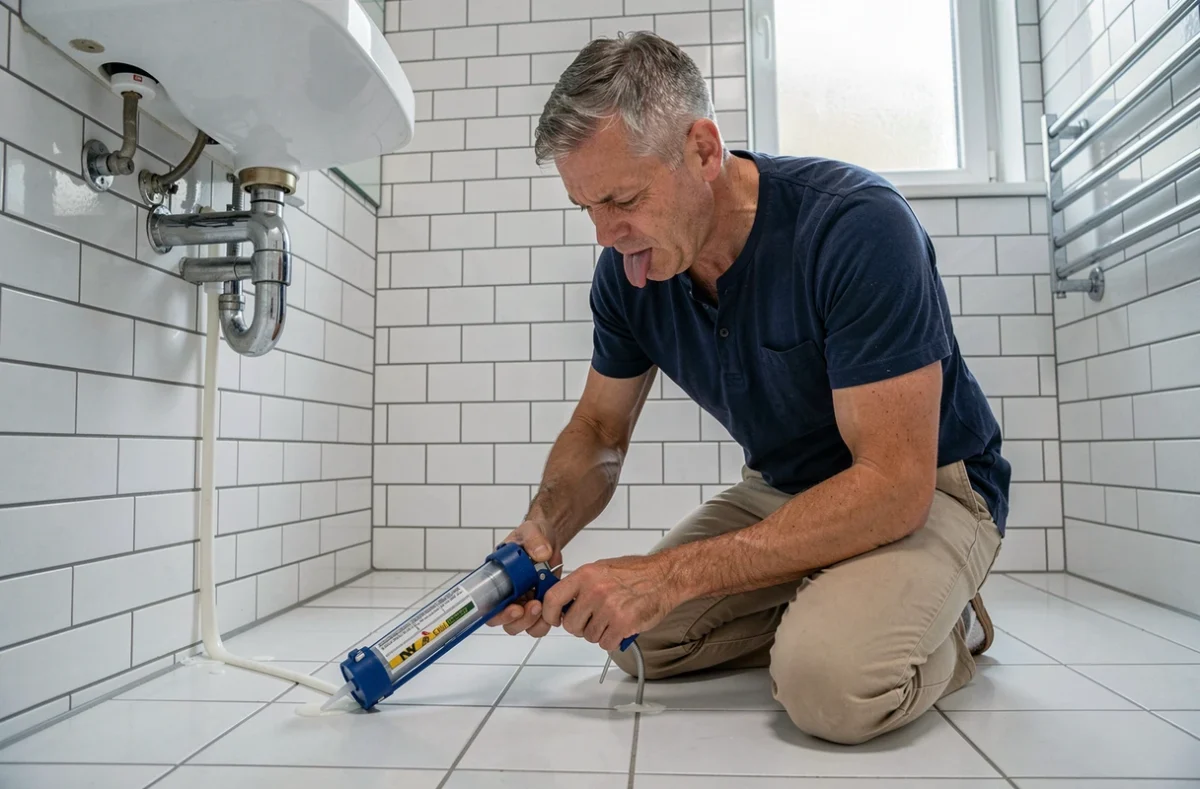 Homme appliquant du silicone autour d'un lavabo dans une salle de bain rénovée, démontrant les compétences acquises en formation bricolage