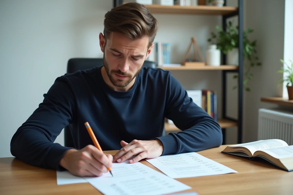 Homme travaillant sur des exercices de remise à niveau en ponctuation française dans un bureau à domicile moderne