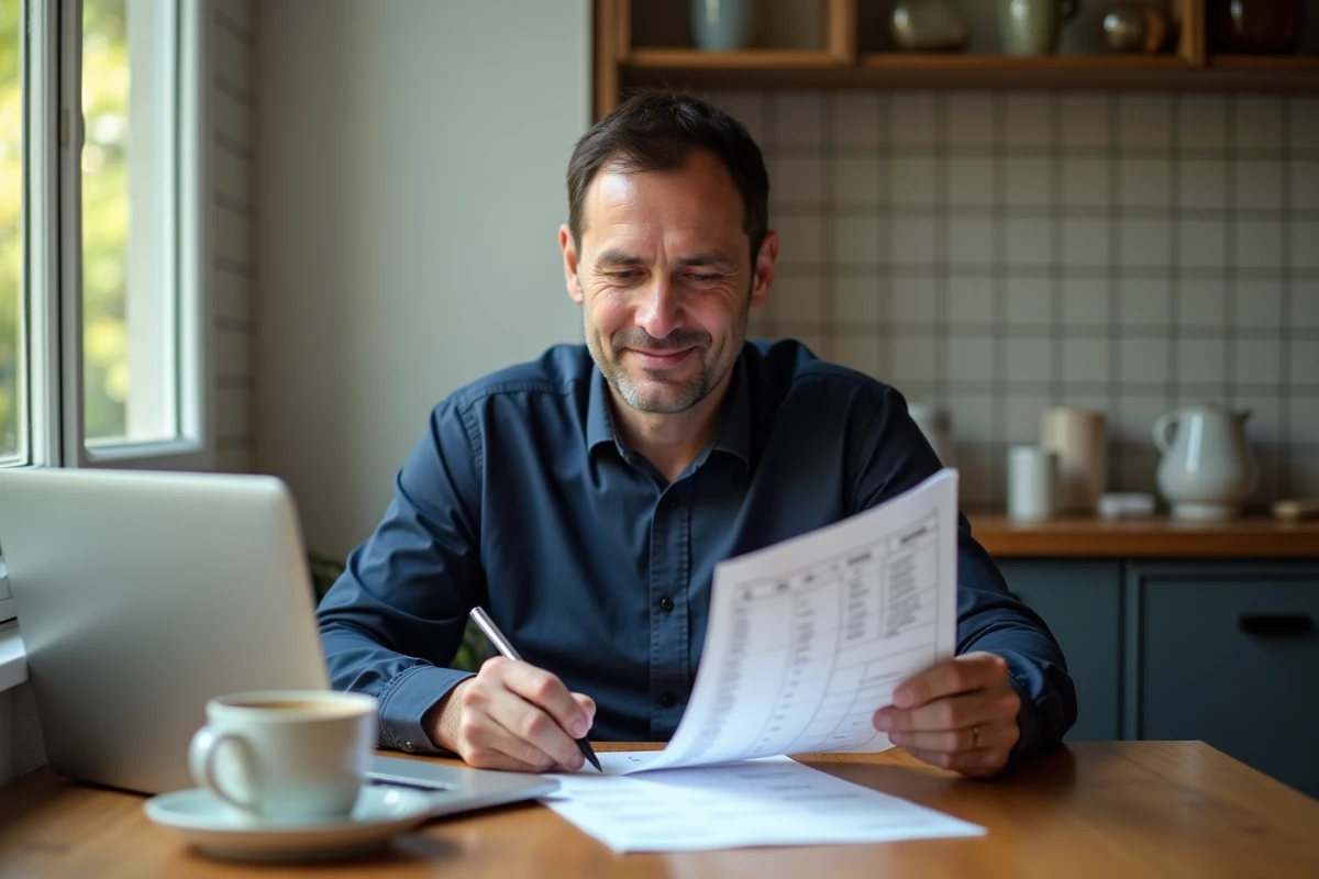 Homme relisant un tableau de connecteurs français à la maison