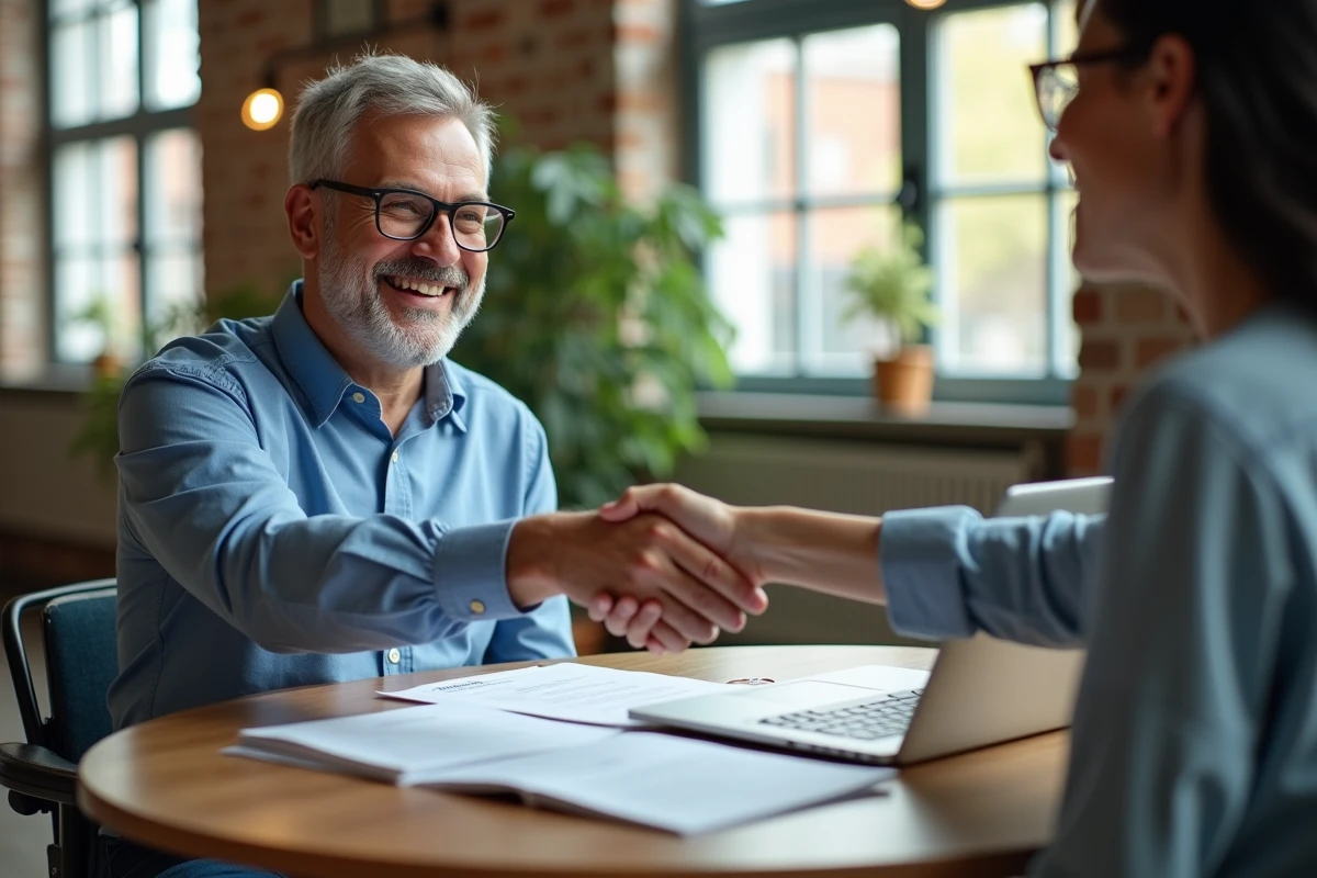 Homme et femme se serrant la main dans un espace de coworking