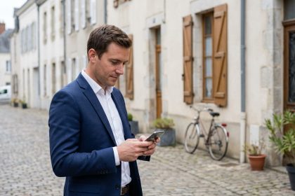 Homme d'affaires dans une rue calme à Les Herbiers