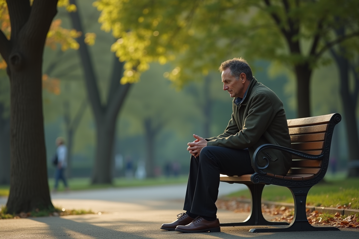 Homme seul assis sur un banc dans un parc
