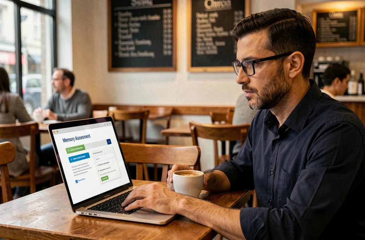 Homme avec lunettes réalisant un test de mémoire en ligne sur ordinateur portable dans un café avant de planifier ses révisions