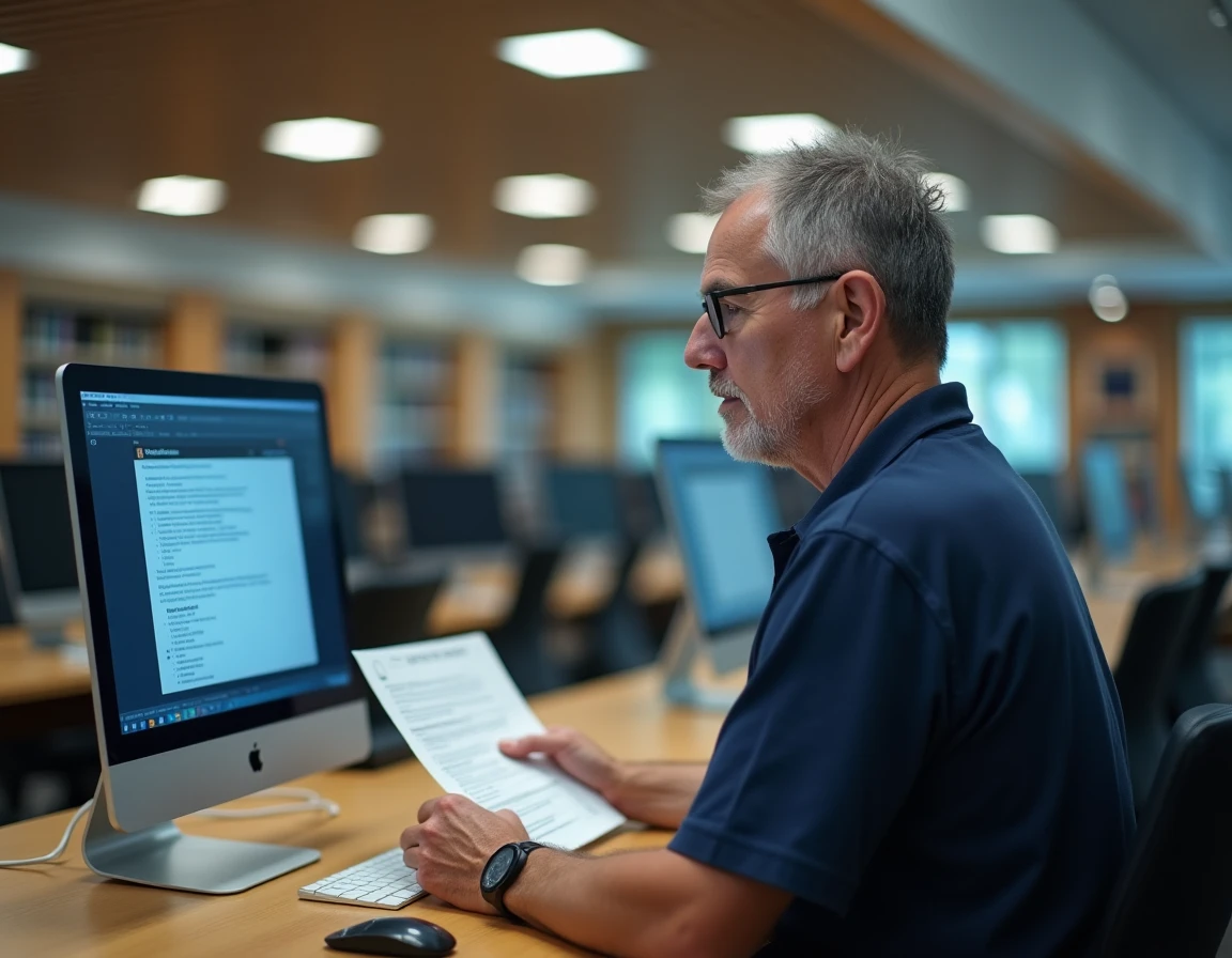 Homme consultant une liste de vérification pour résoudre un problème de messagerie académique dans une bibliothèque universitaire
