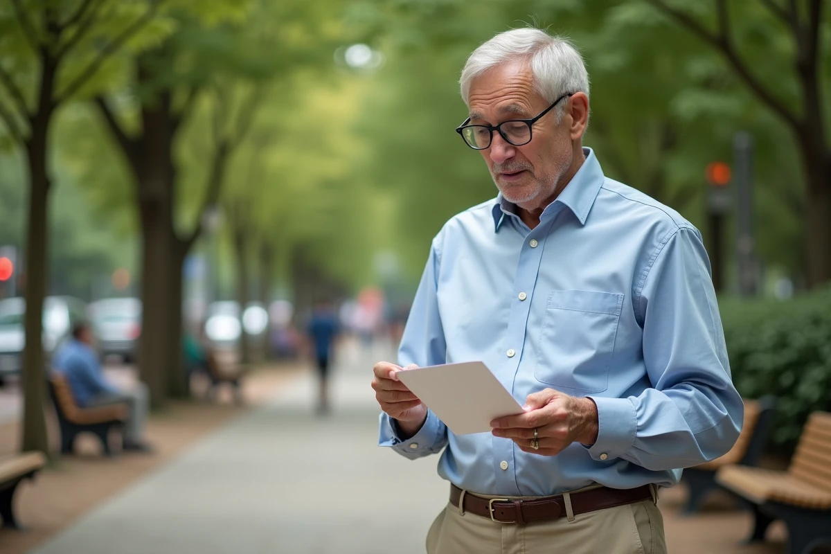 Homme âgé pratique le vocabulaire avec des flashcards dans un parc