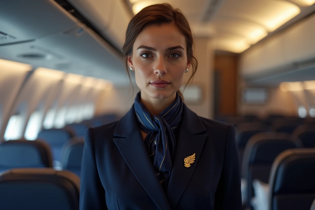 Hôtesse de l'air en uniforme marine élégant dans la cabine d'un avion long-courrier, illustrant les conditions de travail dans une grande compagnie nationale