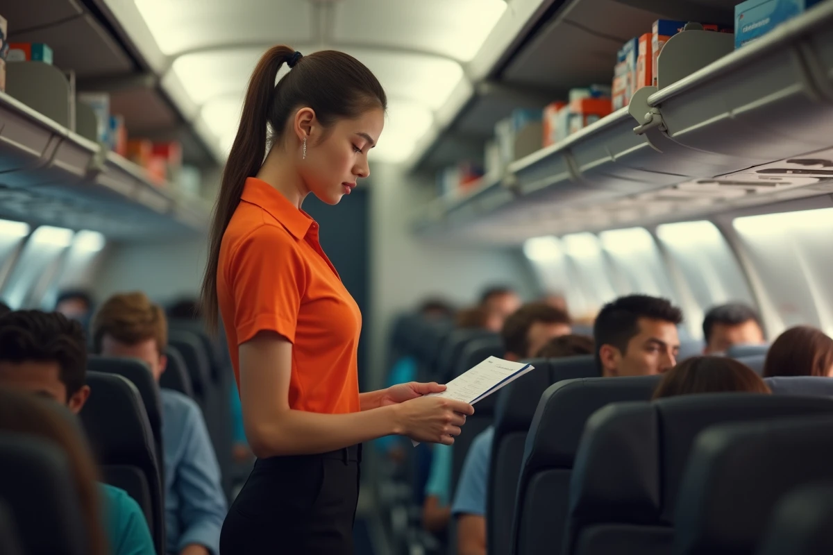 Hôtesse de l'air en uniforme low cost orange dans la cabine d'un avion à bas tarif, représentant les conditions de travail des compagnies aériennes économiques