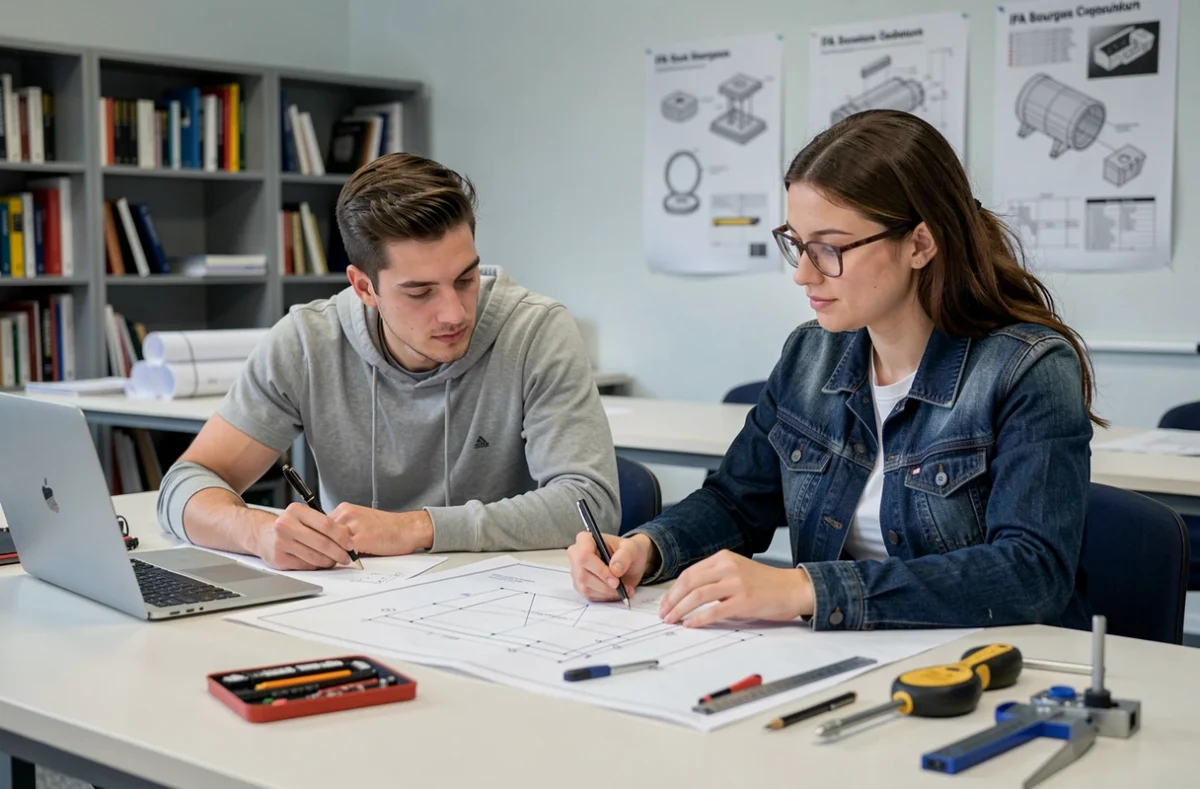 Étudiants en alternance de l'IFA Bourges étudiant des plans techniques en salle de cours
