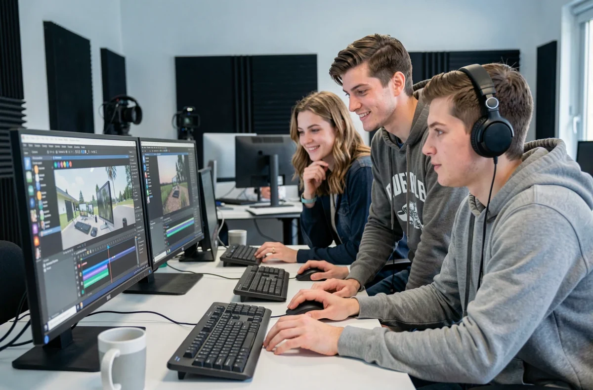 Étudiants de l'IMEP Bourges travaillant sur un projet de montage vidéo dans un studio de formation numérique