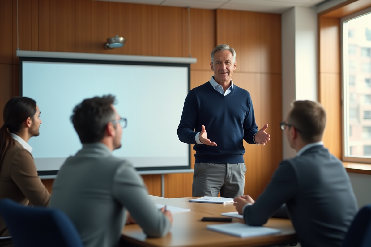 Instructeur masculin en formation dans une salle lumineuse