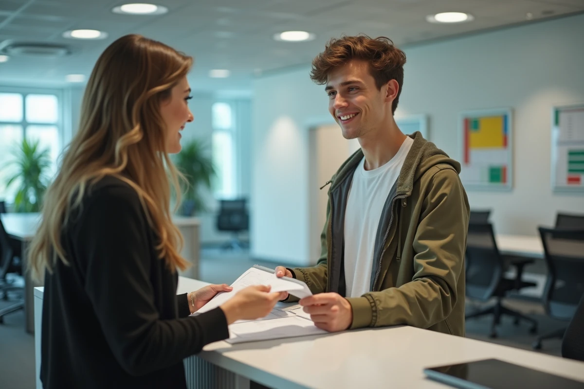 Jeune homme remettant des documents au service étudiant