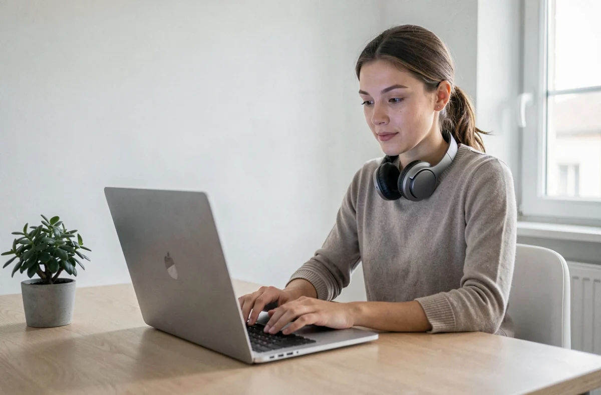 Étudiante suivant une formation en ligne sur la plateforme numérique de l'ISCOD depuis chez elle