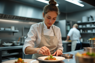 Jeune femme en tenue de chef garnissant un plat en cuisine moderne