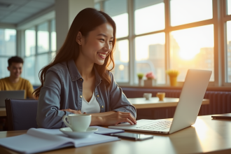 Étudiant souriant dans une salle lumineuse avec ordinateur et café