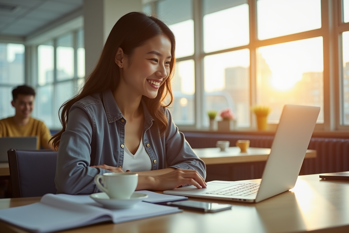 Étudiant souriant dans une salle lumineuse avec ordinateur et café