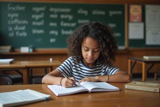 Jeune fille studieuse lisant en classe avec livres et tableau