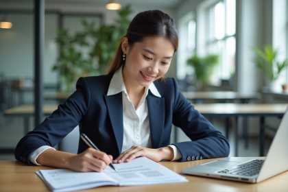 Jeune femme en bureau met à jour son CV sur ordinateur
