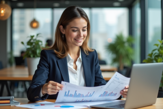 Jeune femme d'affaires examine des plans et graphiques