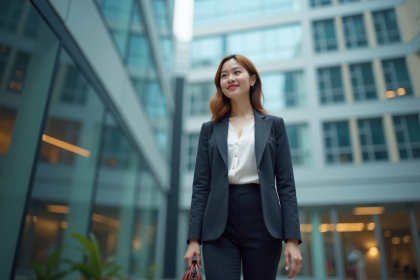 Jeune femme d'affaires confiante devant un immeuble moderne