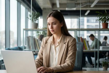 Jeune femme concentr&eacute;e travaillant sur un ordinateur dans un bureau moderne