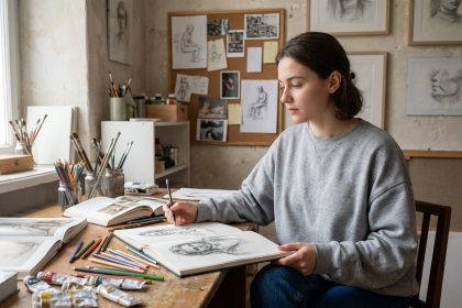 Jeune femme concentr&eacute;e dessinant dans un atelier d'art