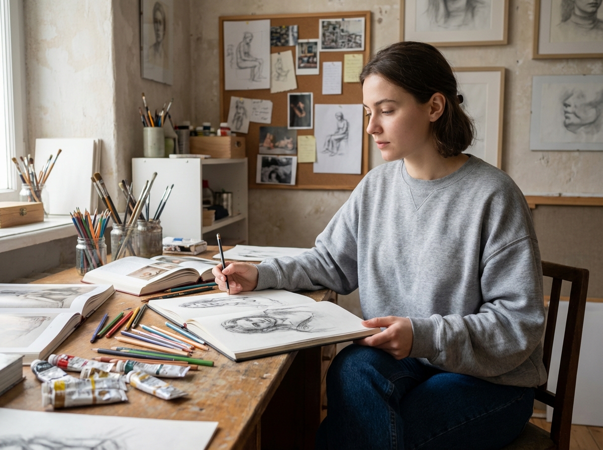 Jeune femme concentrée dessinant dans un atelier d'art