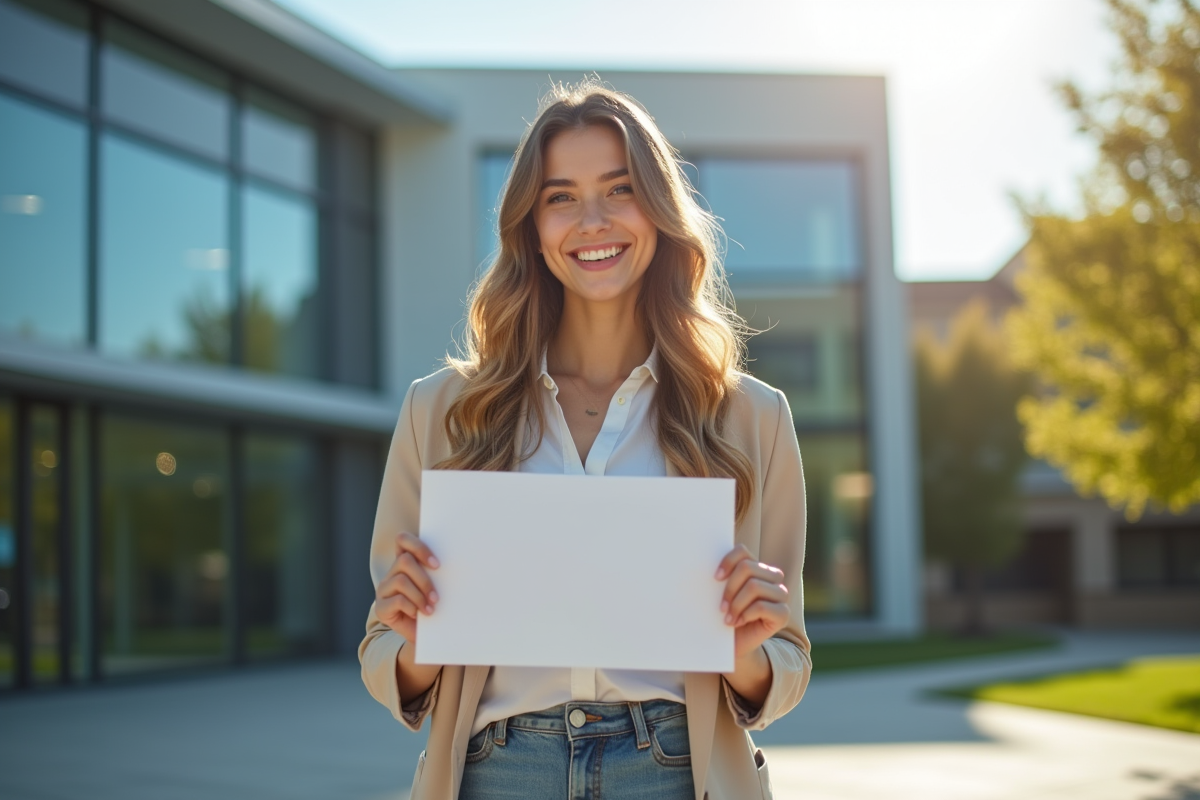 Jeune femme fiere avec un diplôme devant une universite moderne