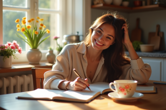 Jeune femme souriante écrivant dans un journal à la cuisine