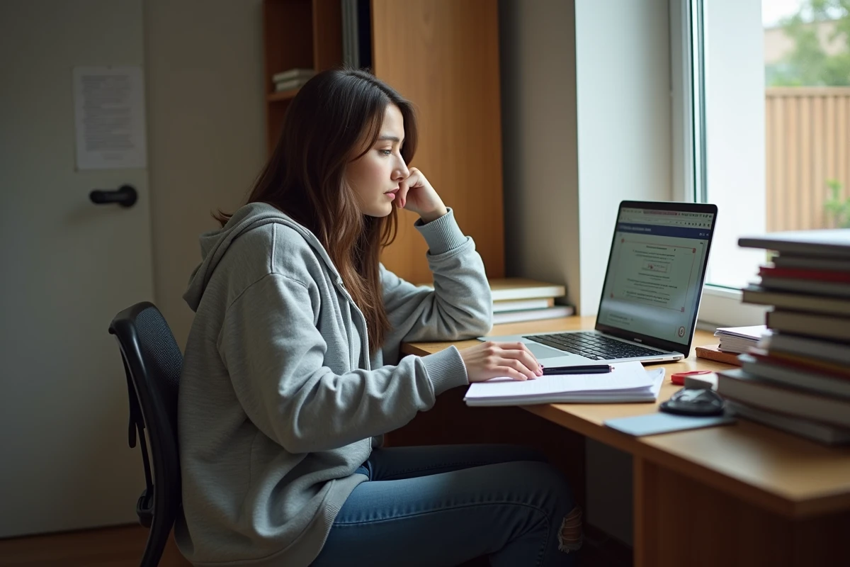 Jeune femme en jeans et sweat détendu dans sa chambre d'études