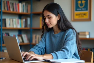 Jeune femme concentrée travaillant sur son ordinateur à Nanterre