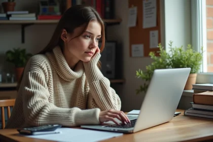Jeune femme concentr&eacute;e &agrave; son bureau d'&eacute;tudiant