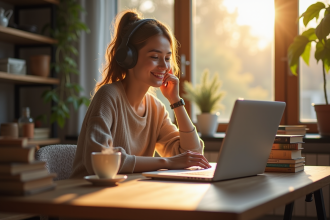 Jeune femme écoutant un livre audio à son bureau lumineux